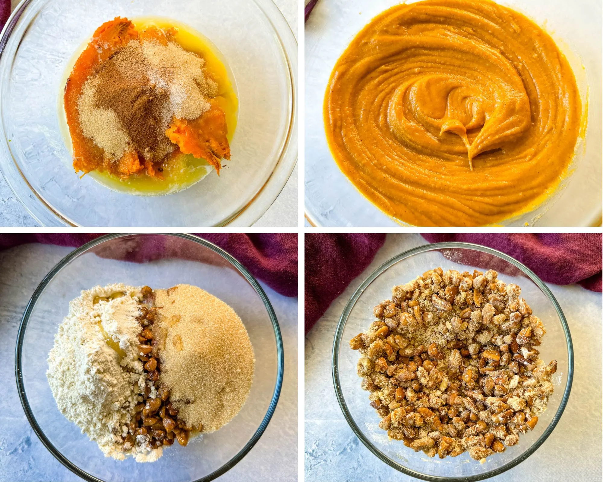 collage of 4 photos with mashed sweet potatoes, eggs, cinnamon, sugar, pecans streusel toppings in a glass bowl