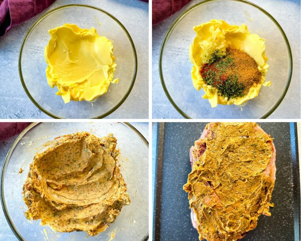 collage of 4 photos with garlic compound butter in a glass bowl and slathered over prime rib