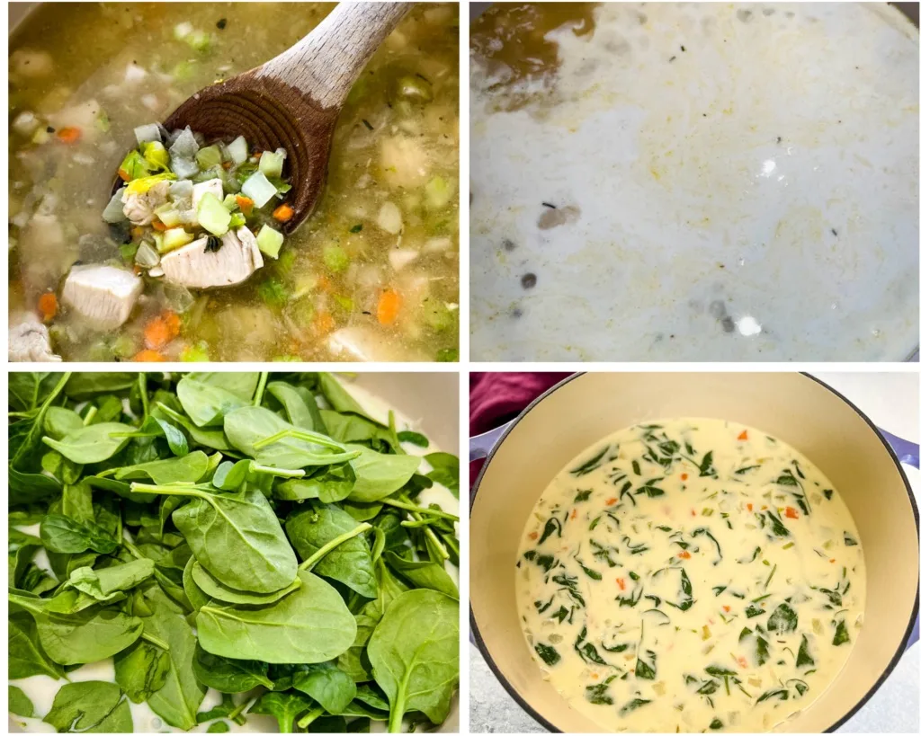 collage of 4 photos with chicken florentine soup and vegetables cooked in a pot