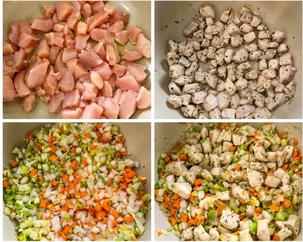 collage of 4 photos with raw and cooked chicken and vegetables in a soup pot