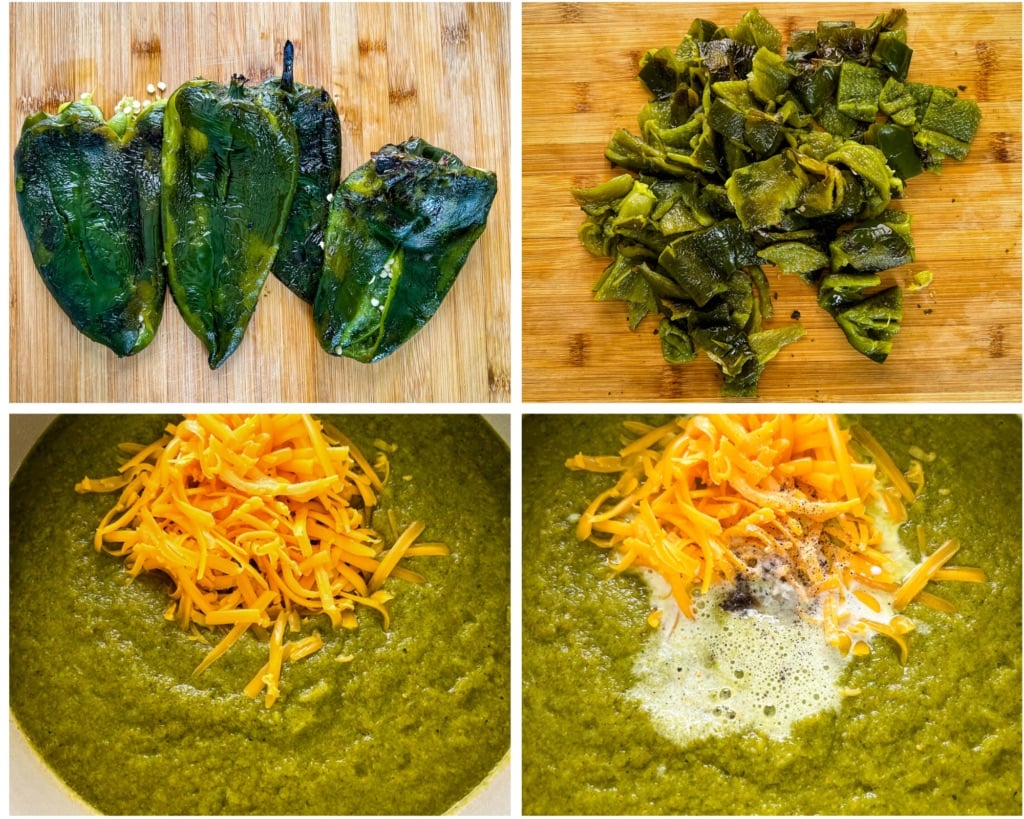 collage of 4 photos with roasted poblano peppers and cooked soup in a pot