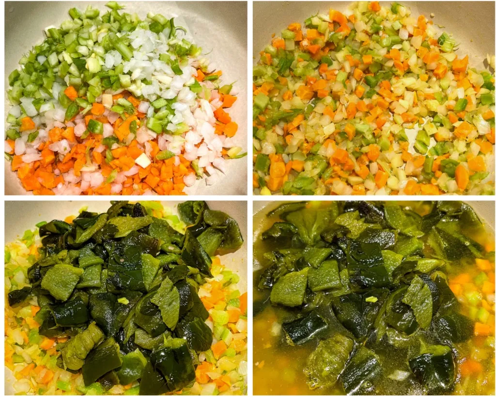 collage of 4 photos with vegetables sauteed in a large pot