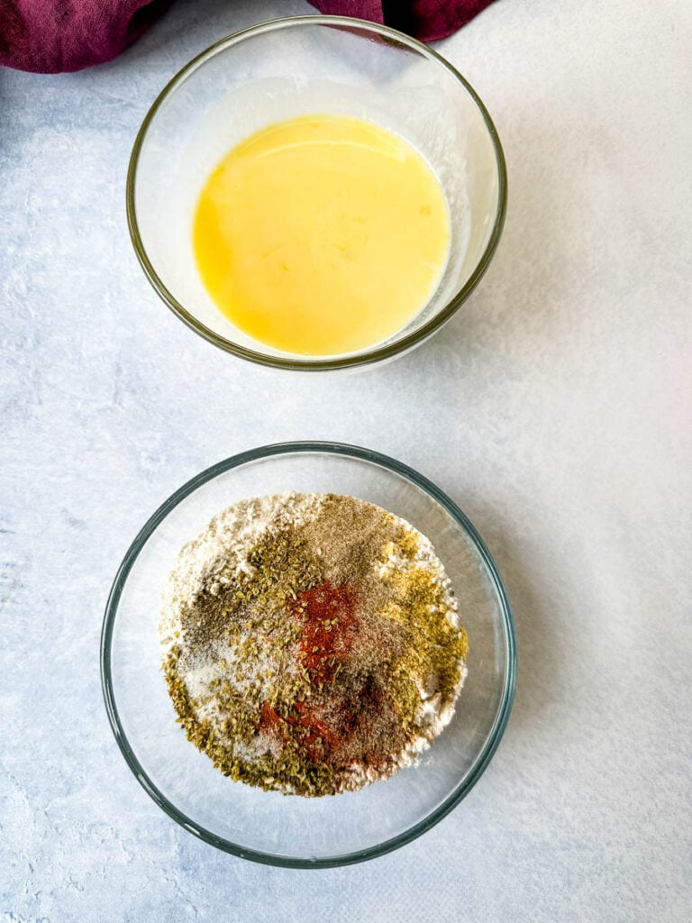 buttermilk, egg, flour, and spices in separate glass bowls
