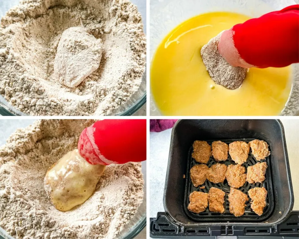 collage of 4 photos with raw chicken dredged in buttermilk and flour
