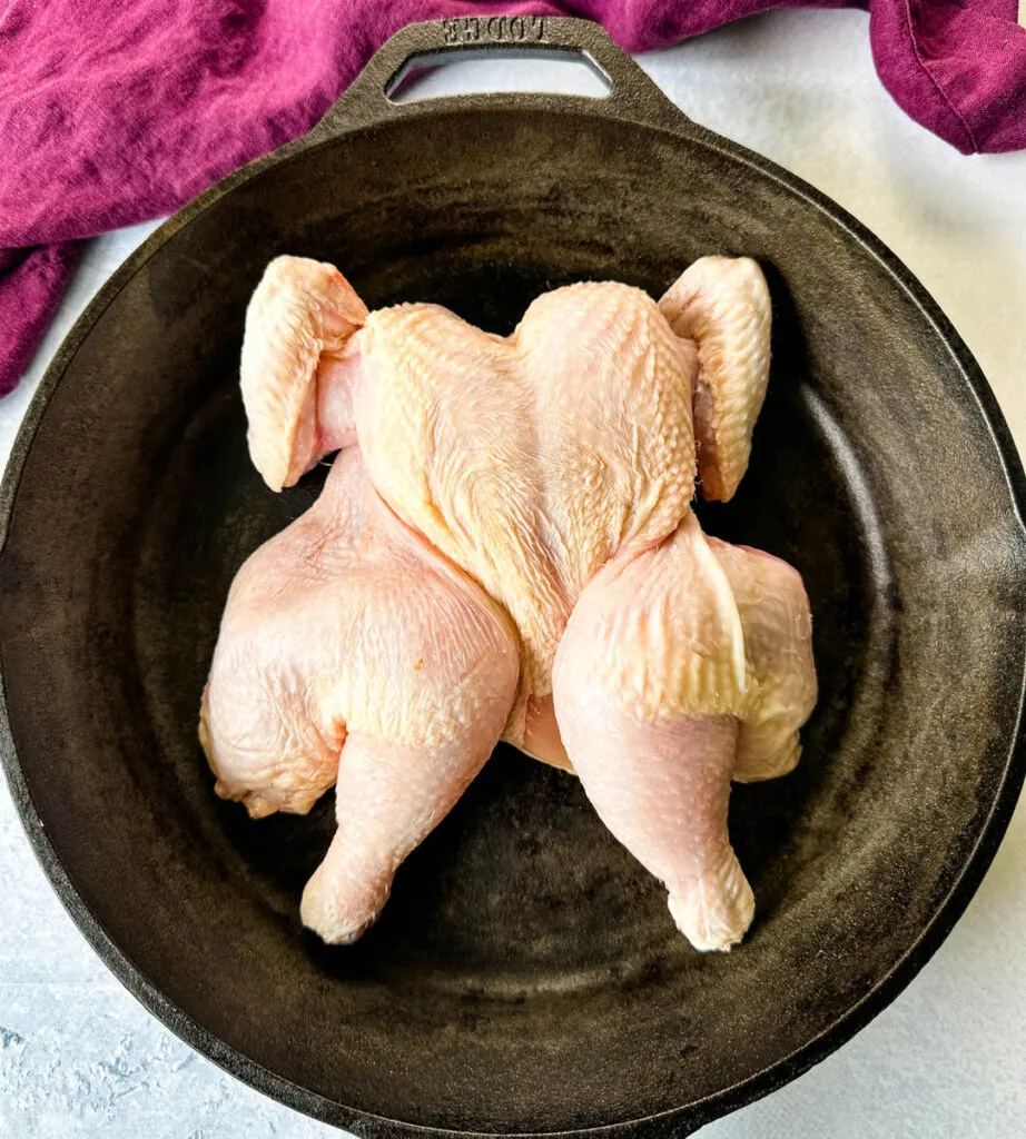 raw chicken in a cast iron skillet