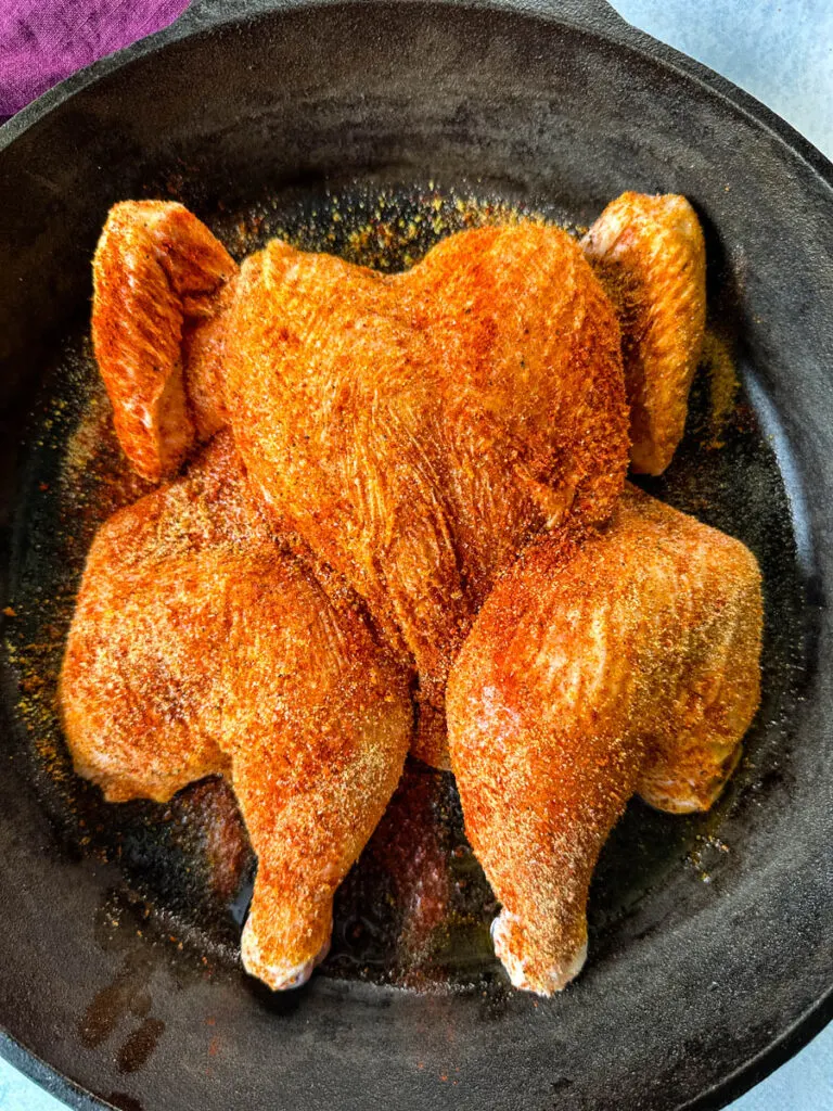 raw, seasoned Thanksgiving chicken in a cast iron skillet