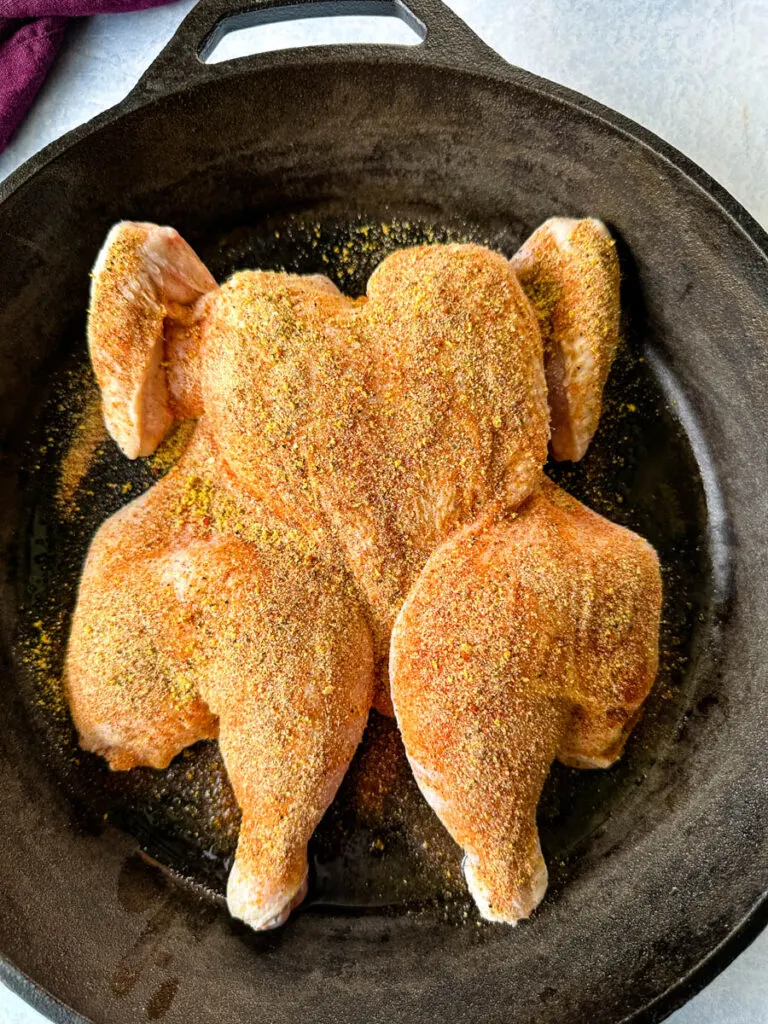 raw, seasoned Thanksgiving chicken in a cast iron skillet