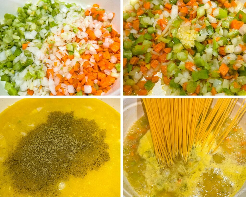 collage of 4 photos with sauteed vegetables, broth, and pasta in a Dutch oven