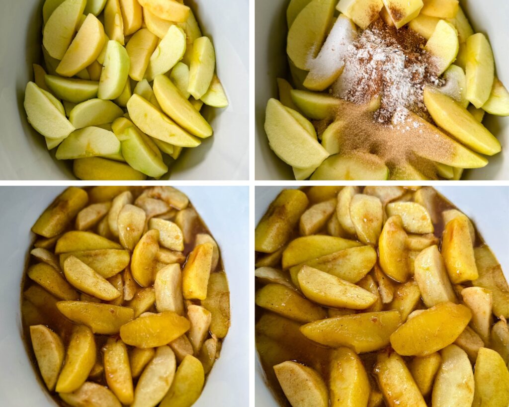 collage of 4 photos with sliced and cored apples in a Crockpot slow cooker with cornstarch, cinnamon, sugar, butter, and lemon juice
