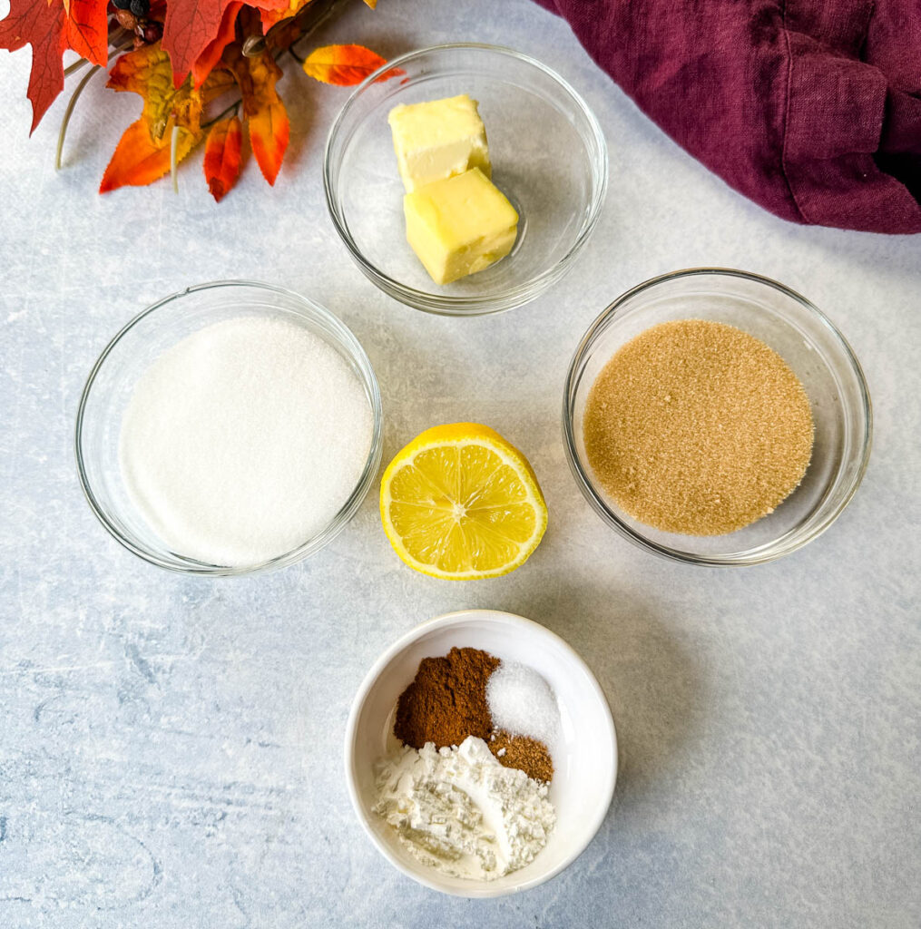 butter, lemon, cinnamon, brown sugar, and salt in separate white bowls
