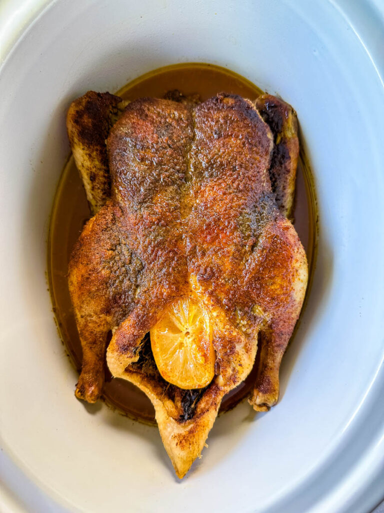 cooked whole duck in a Crockpot slow cooker