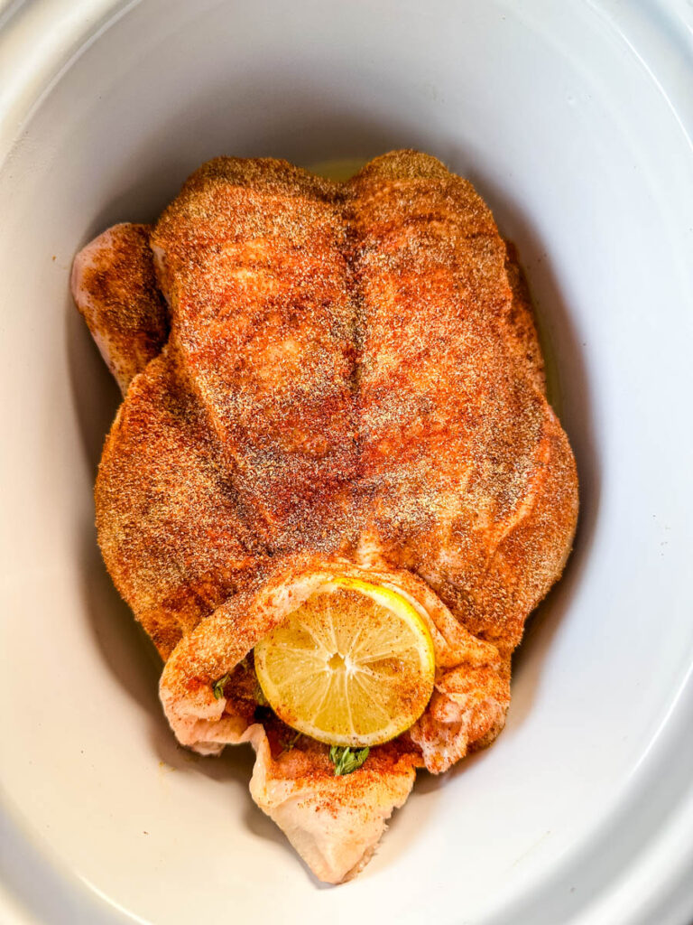 raw seasoned whole duck in a white Crockpot slow cooker