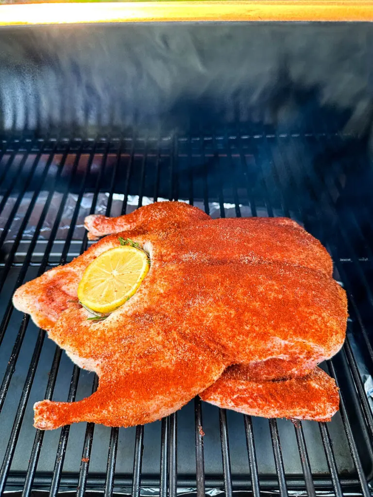 raw seasoned whole duck on a Traeger smoker pellet grill stuffed with lemon and herbs