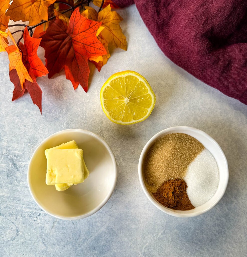 butter, lemon, cinnamon, brown sugar, and salt in separate white bowls