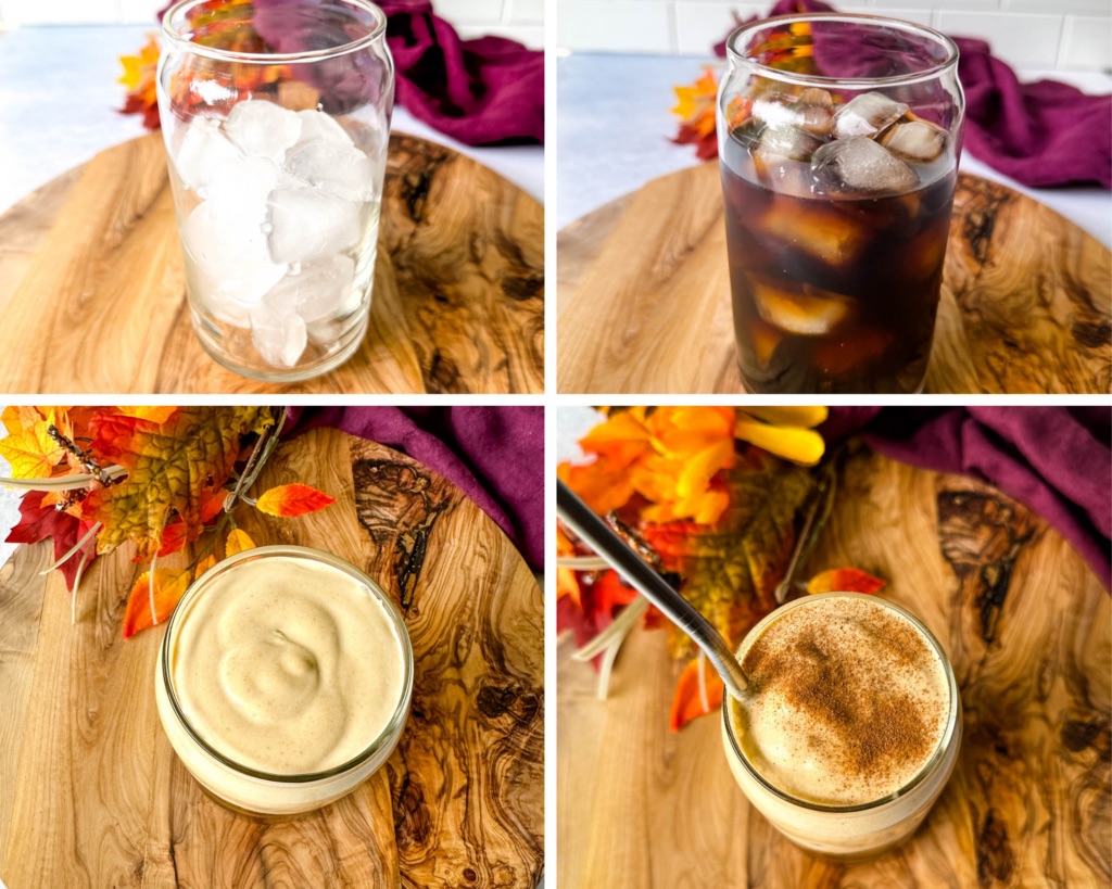 collage of 4 photos with ice, cold brew coffee, and pumpkin cream in a glass cup
