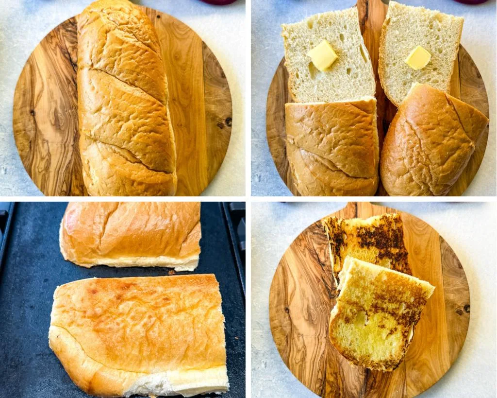 collage of 4 photos with toasted French bread sliced in half