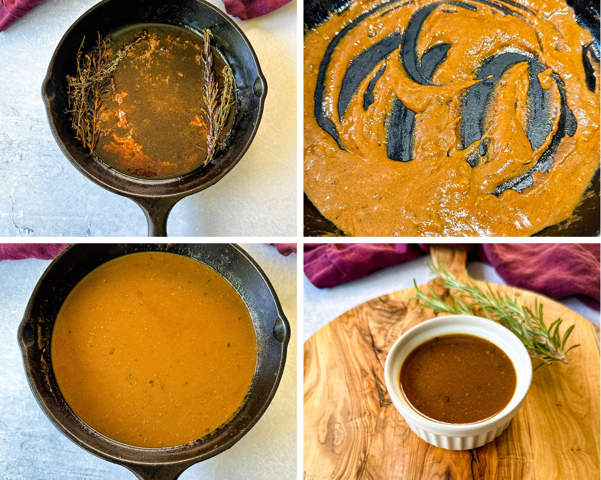 collage of 4 photos with roast beef drippings and au jus sauce in a cast iron skillet