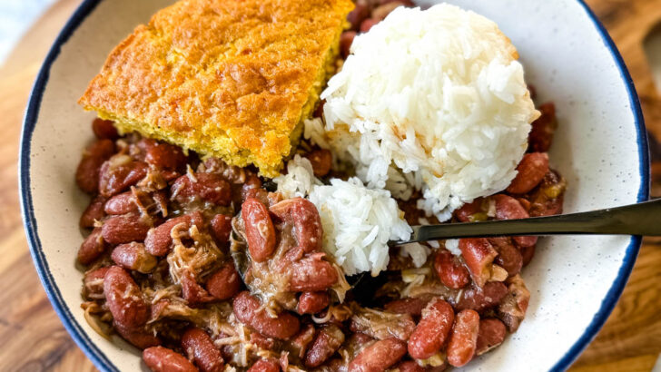 Southern Cajun red beans and rice with smoked turkey in a bowl with cornbread