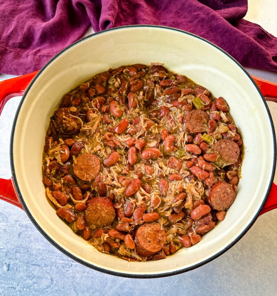 Southern Cajun red beans and rice with smoked turkey in a Dutch oven