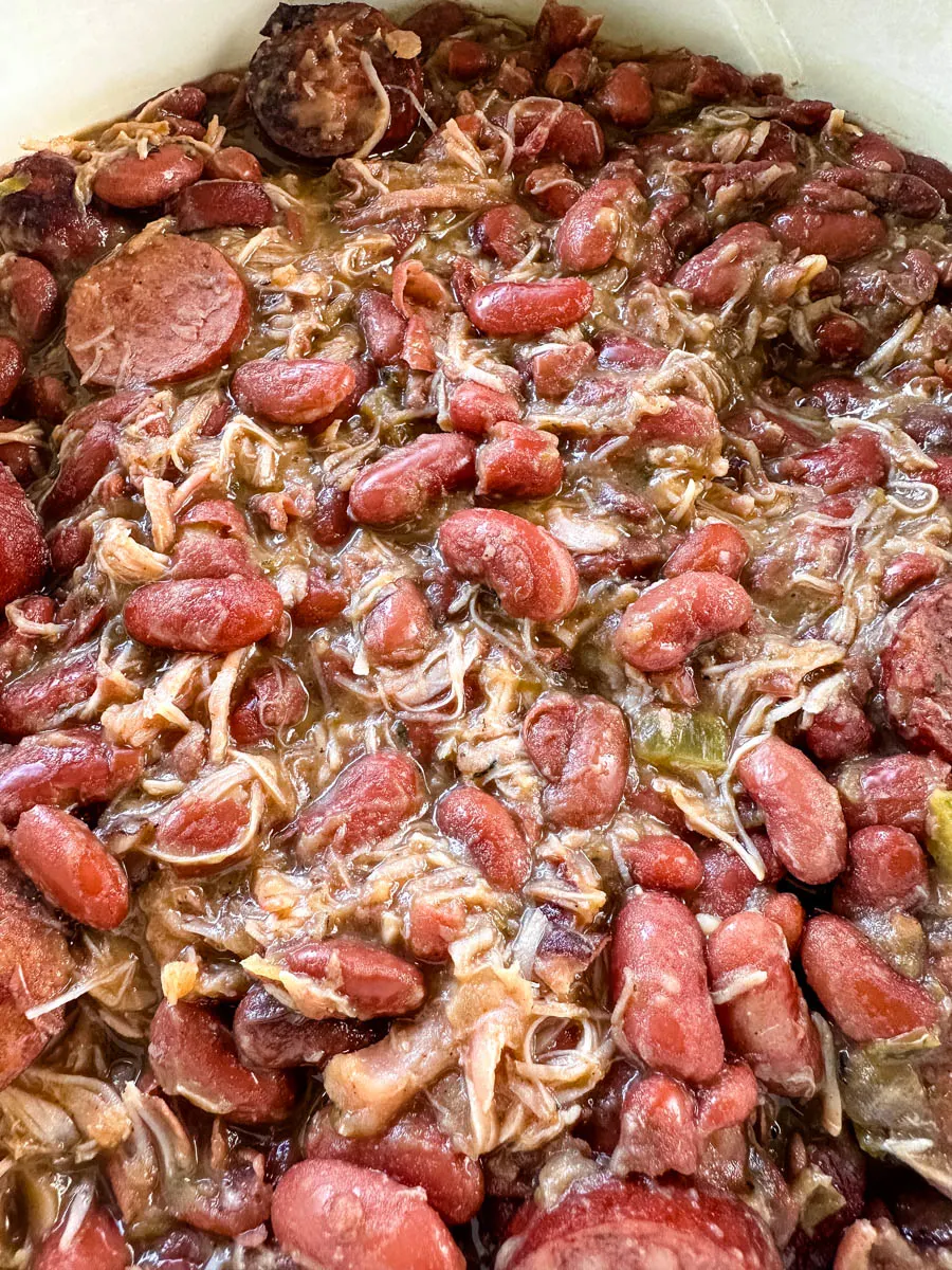 Southern Cajun red beans and rice with smoked turkey in a Dutch oven