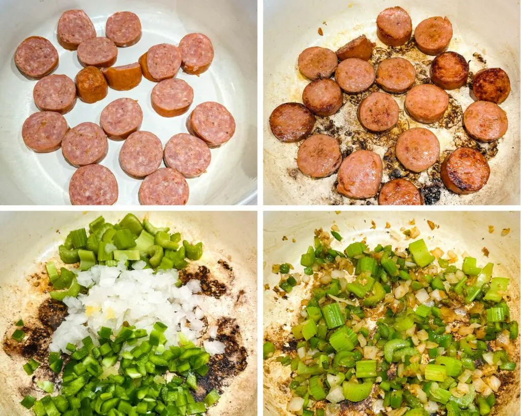 collage of 4 photos with cooked andouille sausage in a Dutch oven with celery, green peppers, and onions