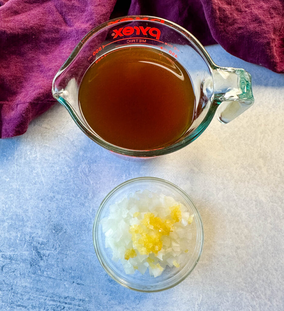 broth, diced onions, and minced garlic in separate