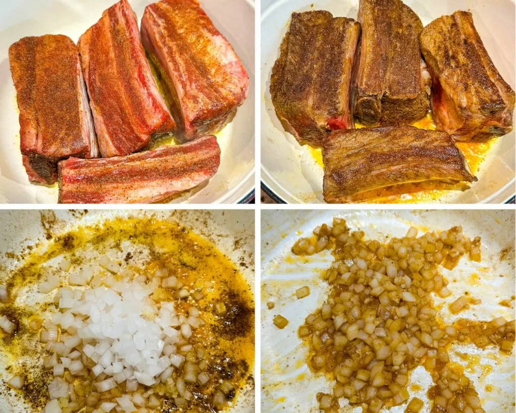 collage of 4 photos with short ribs in a Dutch oven along with onions and garlic