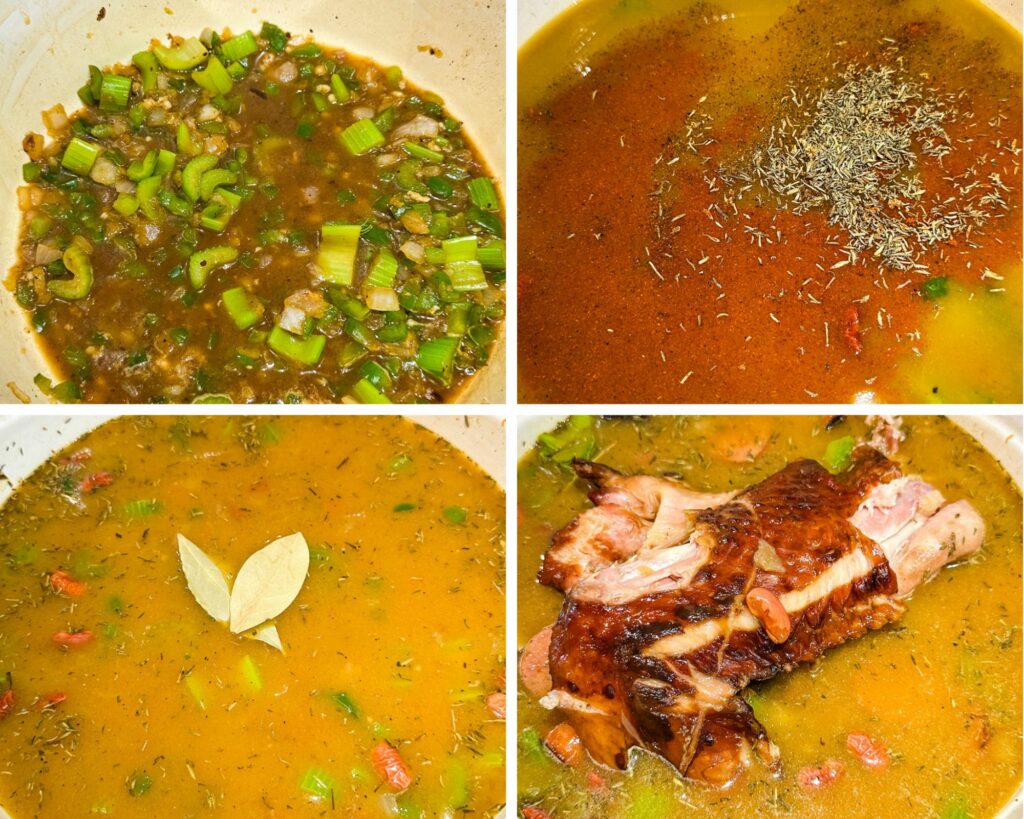 collage of 4 photos with celery, green peppers, broth, Creole seasoning, smoked turkey, and a bay leaf in a Dutch oven