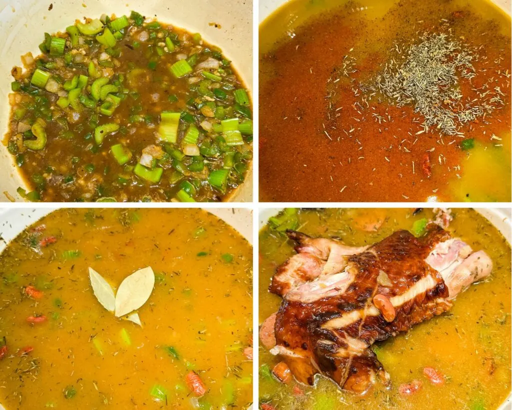 collage of 4 photos with celery, green peppers, broth, Creole seasoning, smoked turkey, and a bay leaf in a Dutch oven