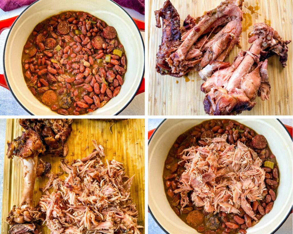 collage of 4 photos with red beans and rice in a Dutch oven and smoked turkey shredded on a cutting board
