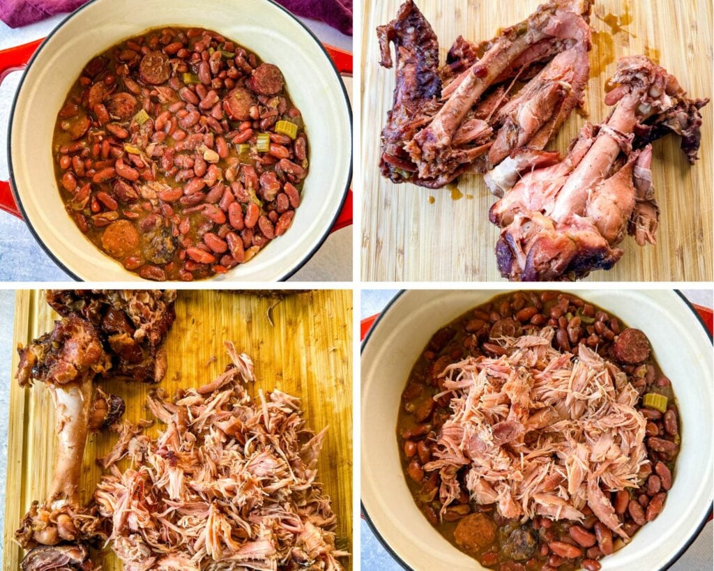 collage of 4 photos with red beans and rice in a Dutch oven and smoked turkey shredded on a cutting board