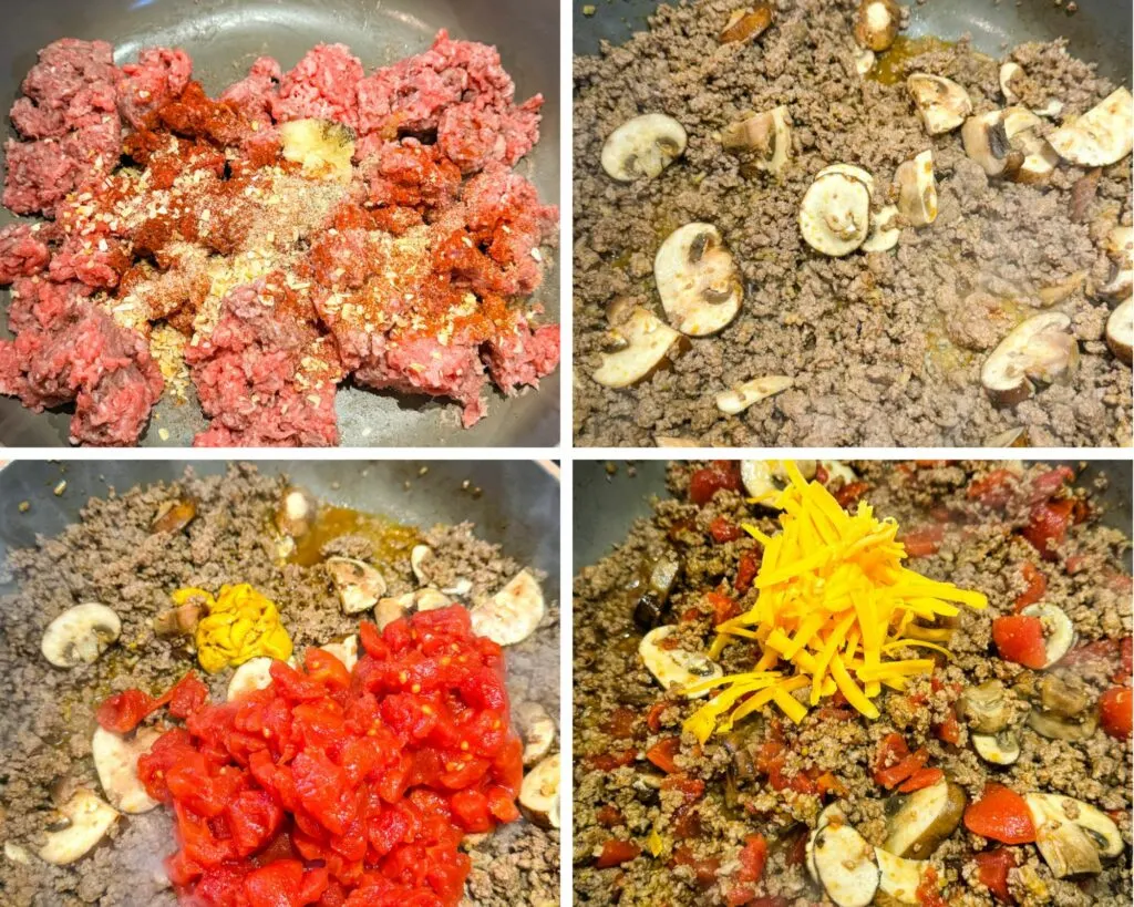 collage of 4 photos with cooked ground beef in a pan with diced tomatoes and cheddar cheese