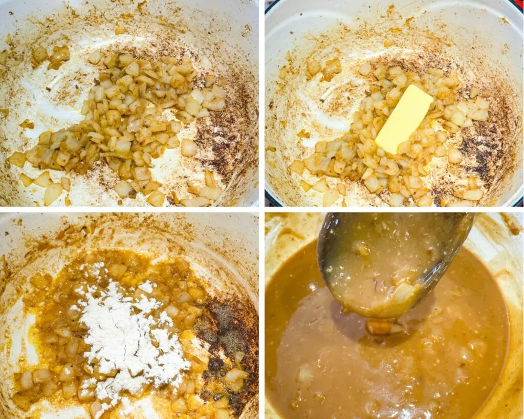 diced onions, butter, flour, and gravy in a Dutch oven