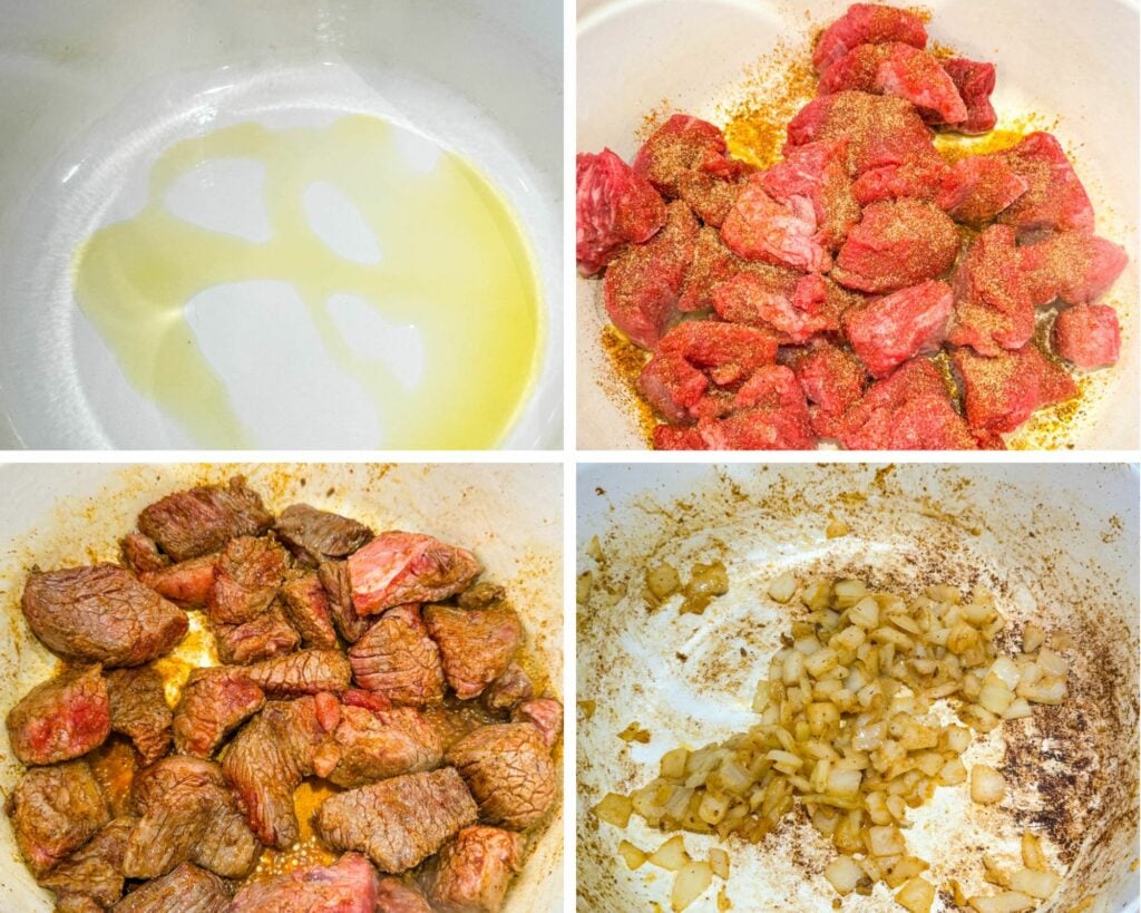 collage of 4 photos with olive oil and beef tips in a Dutch oven