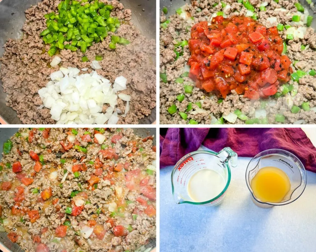 collage of 4 photos of ground beef in a skillet with spices