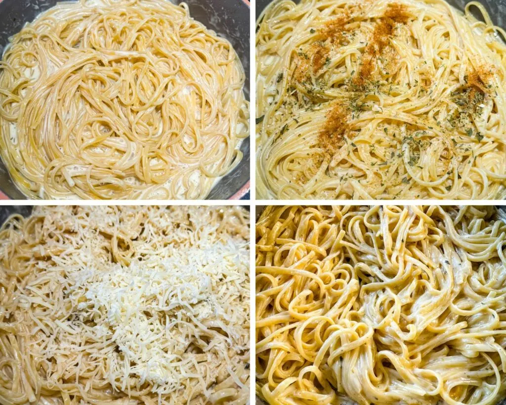 linguine in a pan with Alfredo sauce, parmesan cheese, and spices