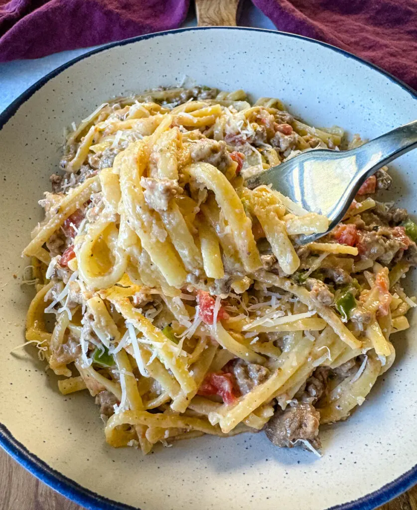 beef alfredo pasta in a bowl and wrapped around a fork