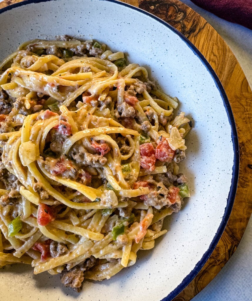 beef alfredo pasta in a white bowl