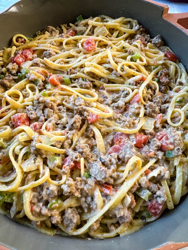 beef alfredo pasta in a pan