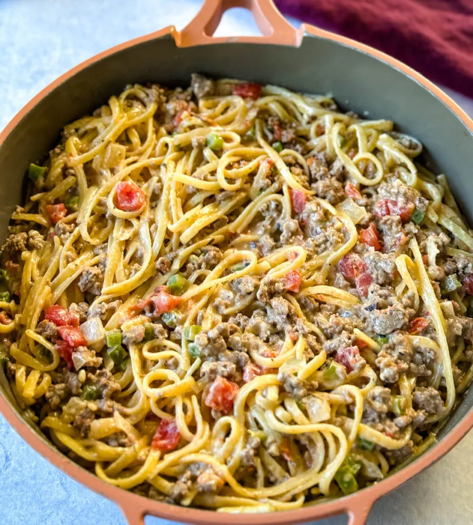 beef alfredo pasta in a pan