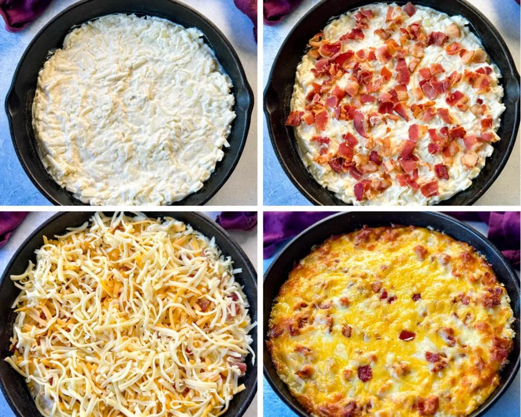 collage of 4 photos with unbaked hashbrown casserole in a cast iron skillet