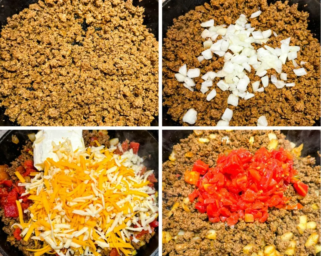 collage of 4 photos with cooked ground beef, onions, Rotel, and cheese in a cast iron skillet