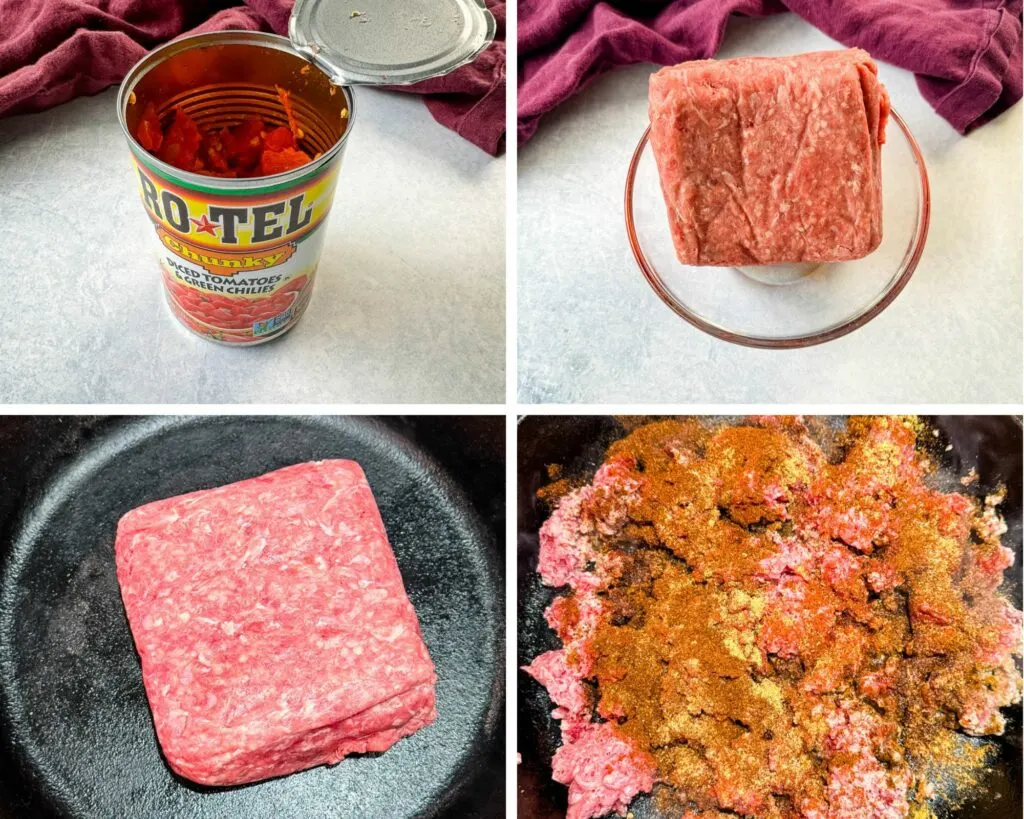 collage of 4 photos with canned rotel and ground beef in a cast iron skillet