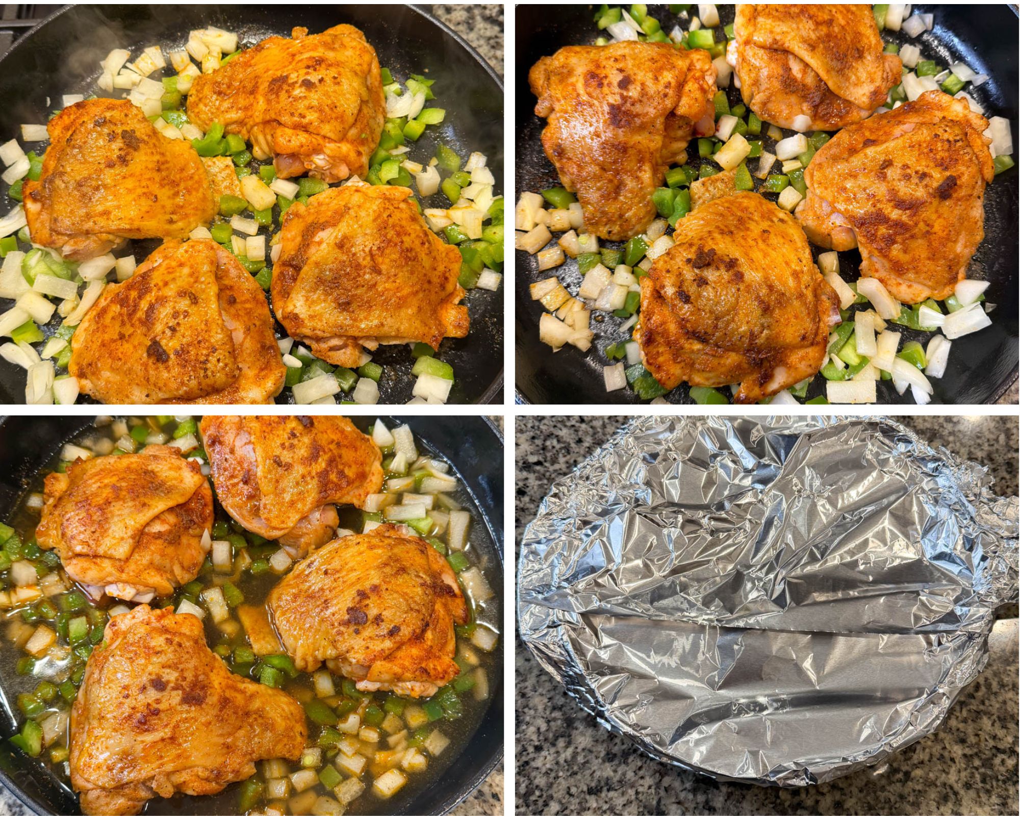 Seasoned chicken thighs browning in a skillet with onions and bell peppers, then simmering in broth and covered tightly with foil for smothering.