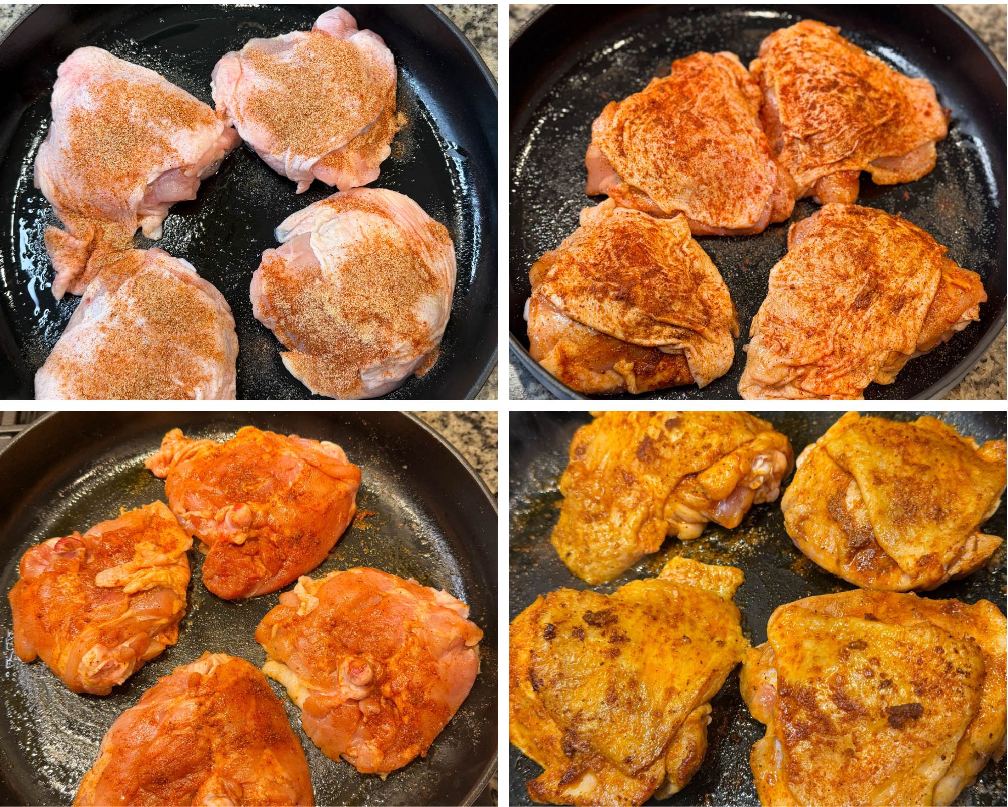 Raw chicken thighs being seasoned with Creole spices, then seared in a skillet until golden brown to build flavor for smothered chicken.