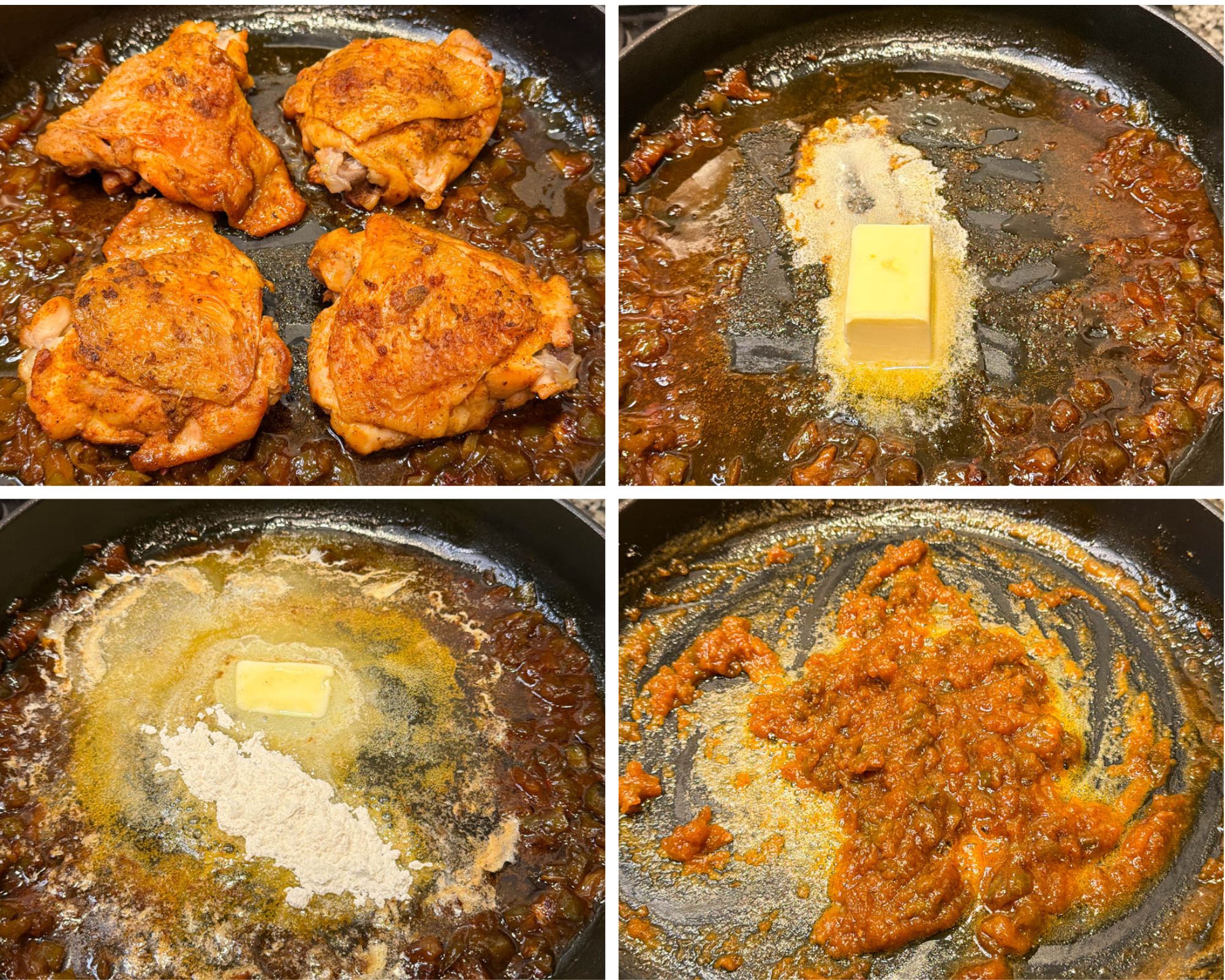 Four-photo collage showing the process of making Southern smothered chicken gravy: browned chicken thighs simmering with vegetables, butter melting in the skillet, flour added to the pan drippings, and the mixture being stirred into a thick roux.