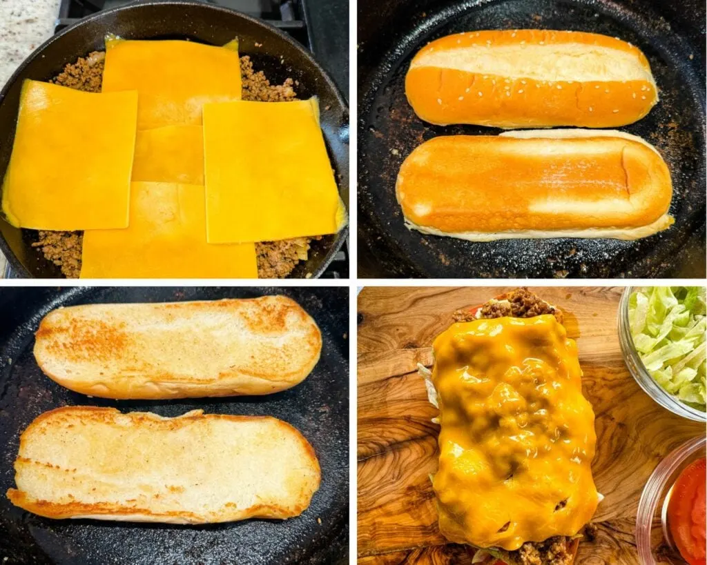 collage of 4 photos with chopped cheese and toasted buns in a cast iron skillet