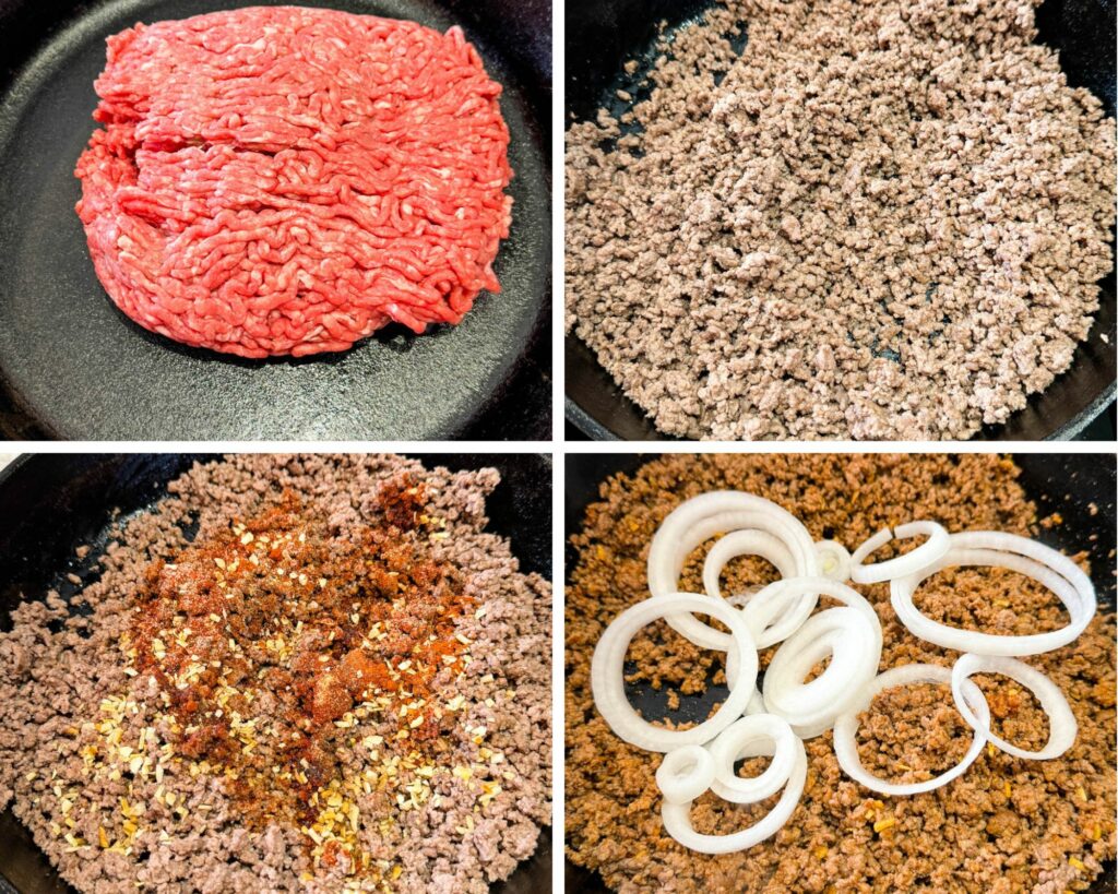 collage of 4 photos showing cooked ground beef in a skillet with spices