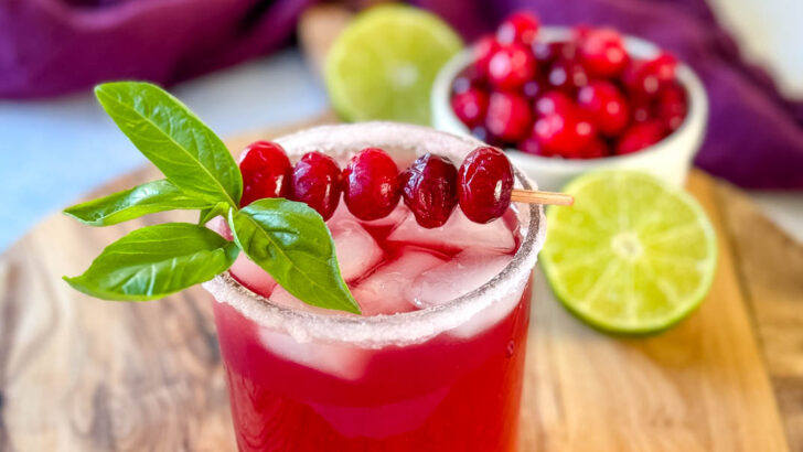 cranberry margarita with fresh cranberries and herbs in a glass