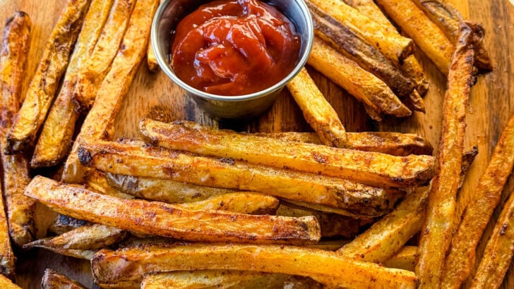 Cajun fries on a platter with ketchup